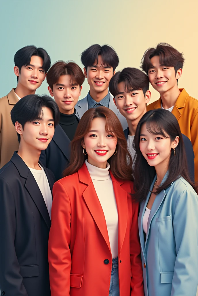 1 woman, 7 men, kpop artists, smiling, looking at front, everyone's face seen clearly like real people