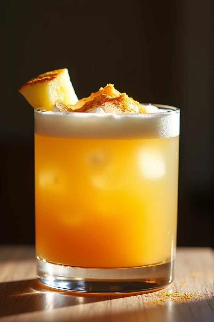 Cocktail with Cachaça,tequila, clarified pineapple juice, simple syrup, At the top of the glass, a dulce de leche to which we will add ginger powder 