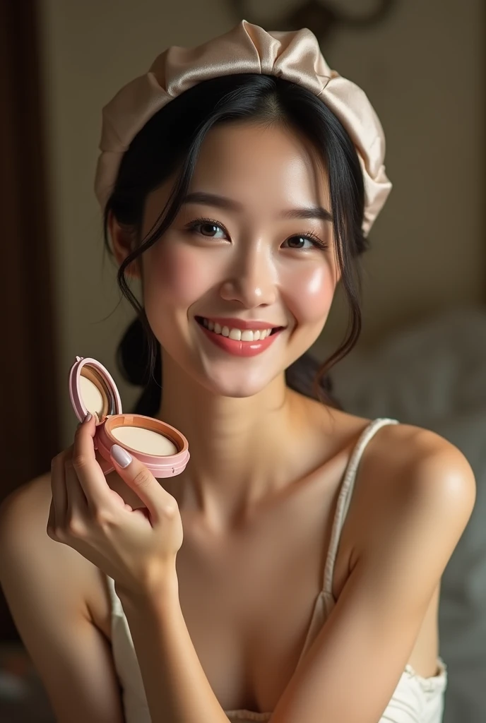 A smiling woman wearing a satin cap on her hair and holding a loose powder compact as makeup in her hand 
