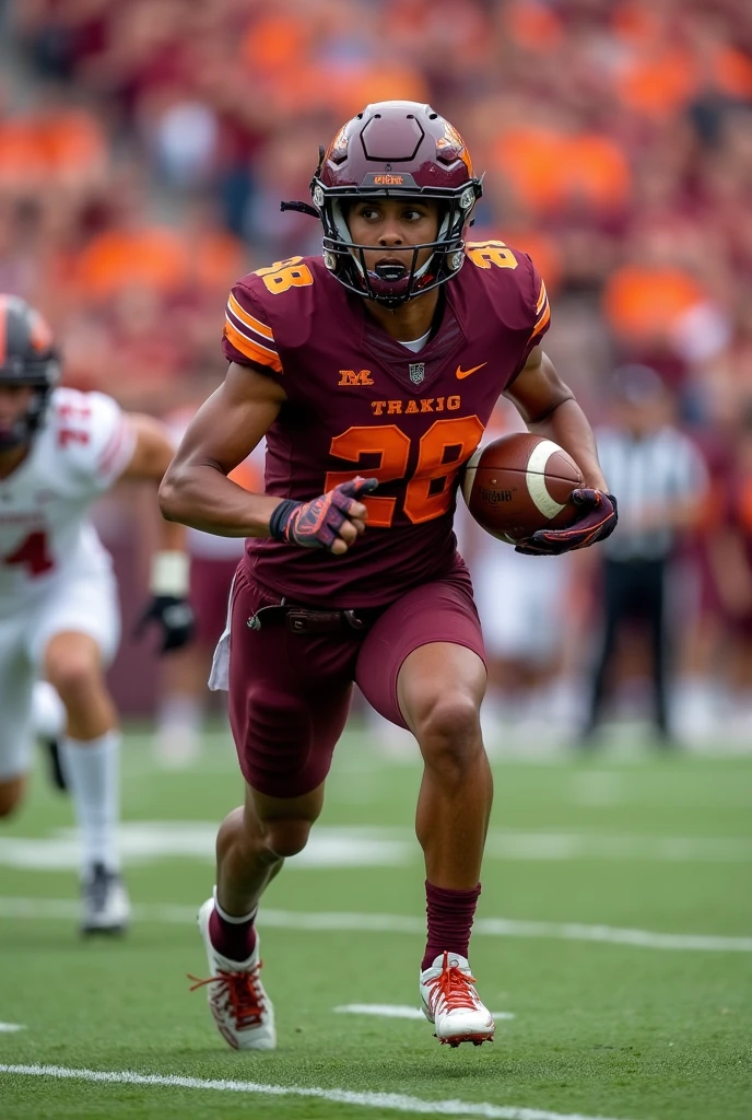 A on-field photo of Jeanette Laurent, a cornerback for the female Virginia Tech Hokies football team. Number 28.