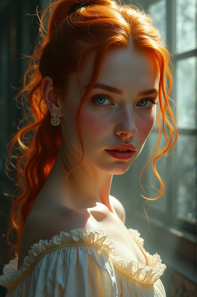 (solo, full body photo:1.3), (action packed:1.3), (haze, fog, mist:1.3), chiaroscuro, best quality, photorealistic, 1woman, (cute), (24yo:1.2), redhead, long ginger hair highly detailed, 1700'S, digital photography, art by artgerm and ruan jia and greg rutkowski surreal painting gold butterfly filigree, broken glass, (masterpiece, sidelighting, finely detailed Fashionable eyes: 1.2) (perfect oval large eyes that gazes at the viewer), beautiful detailed face, blue gorgeous perfect eyes, (blonde hair ponytail), (attractive young woman:1.3), (thick amazing hair), (seductive:1.1), (blushing:1.1)