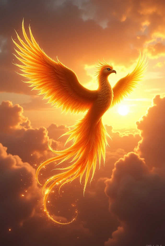 (Photorealism) A golden phoenix flying in the sunset sky with fire on its long tail and thick feathers