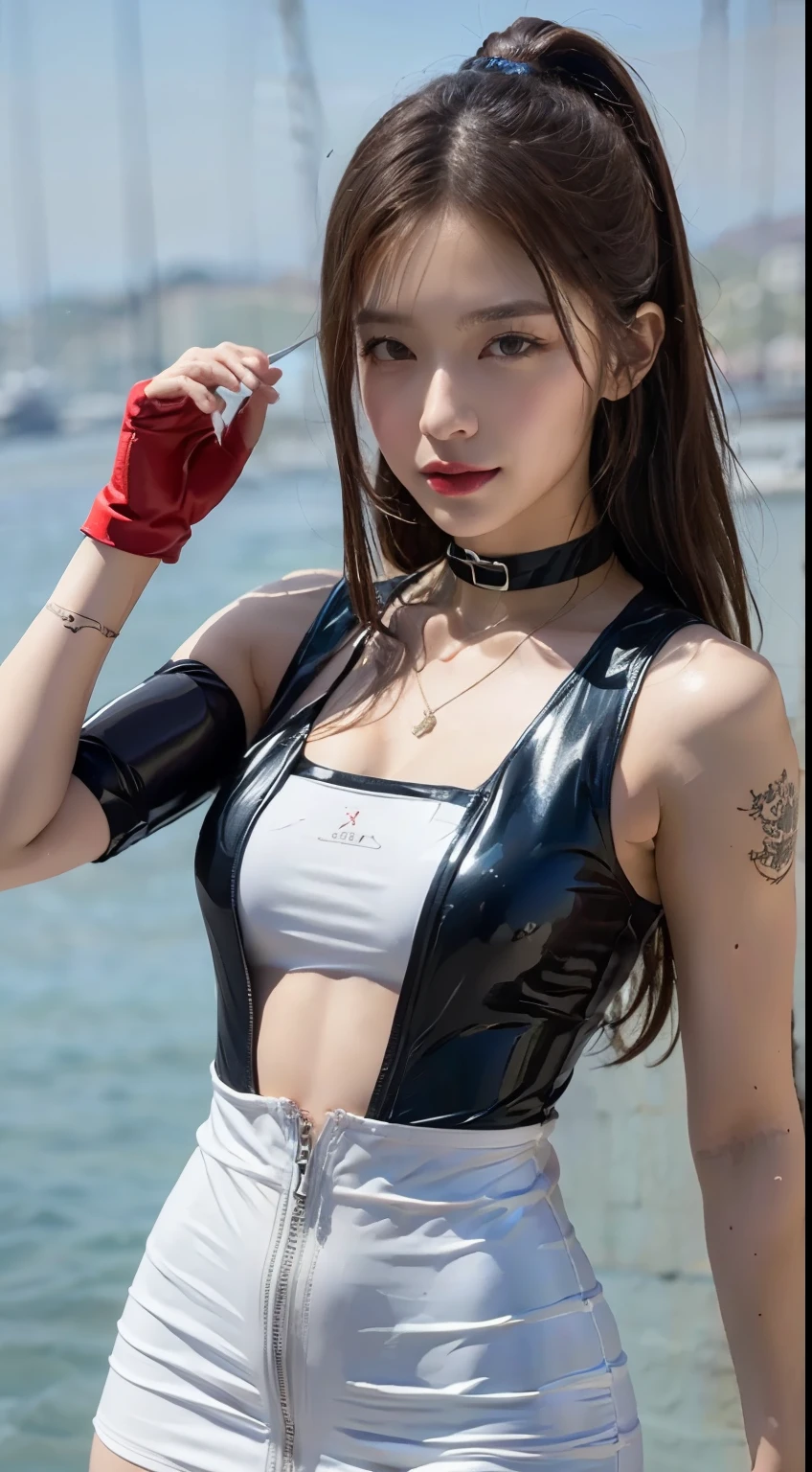 ((masterpiece:1.4)、(top quality:1.4)、(realistic:1.7))、masseter muscle fragment:1.4、Glossy latex bodysuit、fit sexy women fighting suit、It is a sleeveless sailor suit design with a cool blue design on a white background..、Sexy super miniskirt with bright red-black color and integrated jacket.、cute tattoos、wearing red gloves、a cute girl、super beauty、sharp focus、portrait photography、upper body shot、beautiful face、beautiful eyes、small waist、ponytail、RAW photos、red lips、choker:1.4、necklace:1.4、귀Nipple Ring:1.4、1 screen display、Outdoor scenery