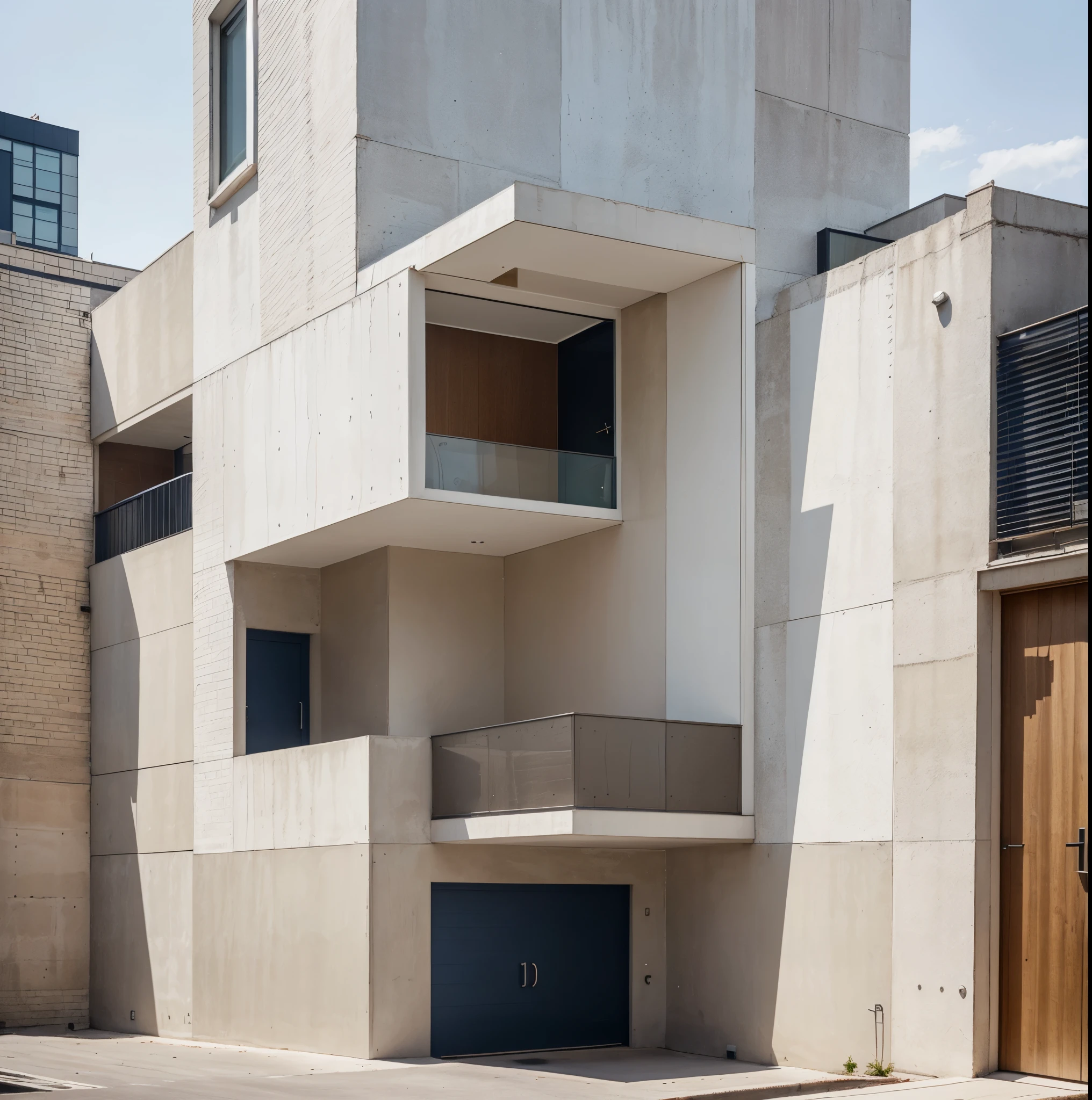Modern townhouse exterior, raw brick, painted surfaces, navy blue and brown color scheme, clean lines, large windows, minimalist design, urban setting, mixed materials, sleek facade, contemporary architecture