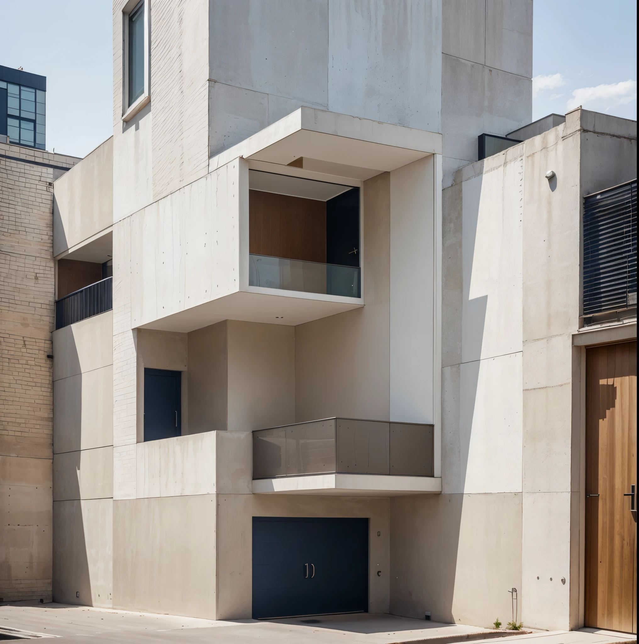 Modern townhouse exterior, raw brick, painted surfaces, navy blue and brown color scheme, clean lines, large windows, minimalist design, urban setting, mixed materials, sleek facade, contemporary architecture