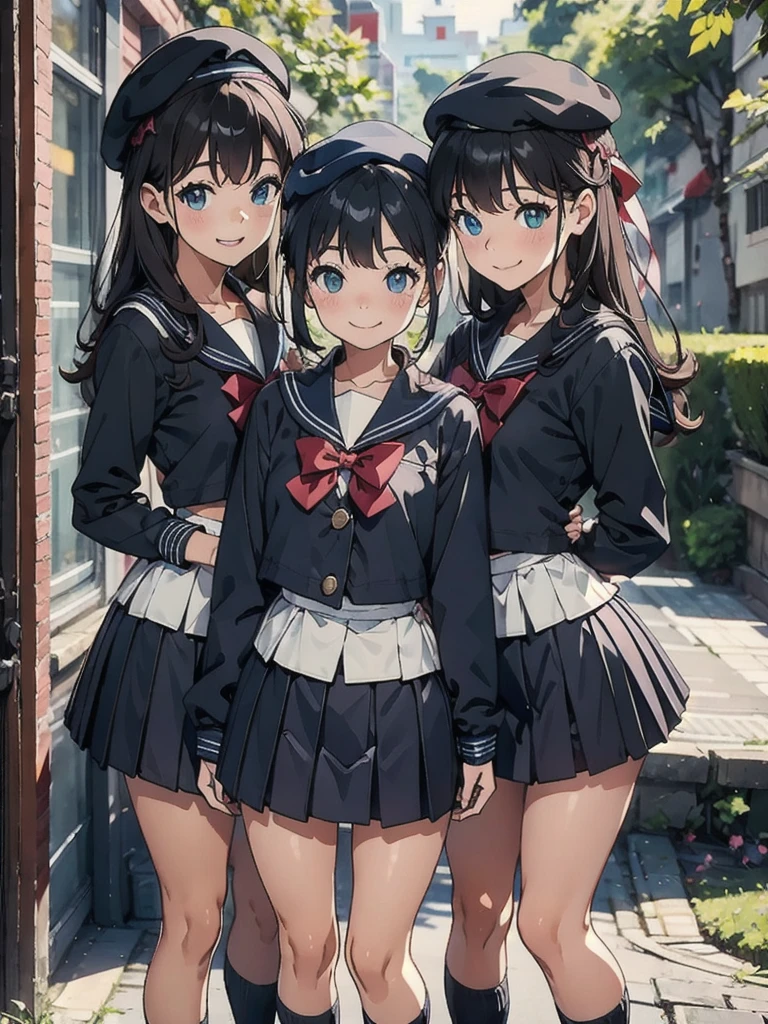 cute、daily、Group photo、Smiling face、Sailor suit、mini skirt、beret、50mm lens、