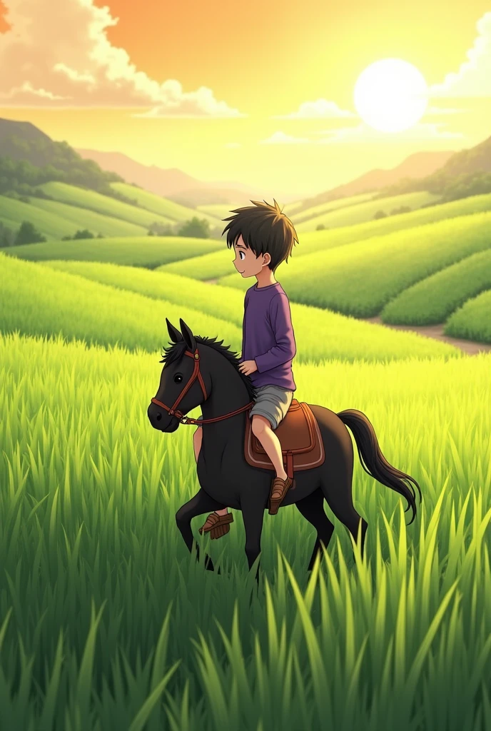 One sunny afternoon in a rice field, There is a boy with short black hair, wearing a purple long-sleeved shirt, grey shorts, riding a small black horse.