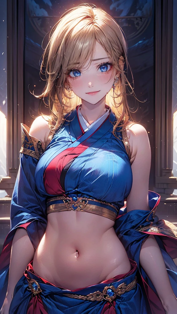 (masterpiece:1.2, highest quality), (Realistic, photoRealistic:1.4), Beautiful illustrations, (Natural Side Lighting, Cinema Lighting), Looking at the audience, Upper Body, (Front view), (1girl:1.8), Perfect Face, Symmetrical cute face, Shiny skin, Baby Face, Long eyelashes, (Large Breasts), (Wide Hips:1.5),Beautiful Hair, Beautiful Face, Fine and beautiful eyes, Beautiful body, Beautiful breasts, Beautiful thighs, Beautiful legs, Beautiful fingers,(Beautiful views),(Cute Smile:1.2, Upper Eye),Cropped style, kimono, shoulder,sleeveless, (navel), furisode, blonde, short cut,Hakama,