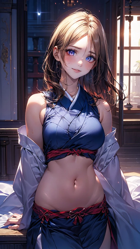 (masterpiece:1.2, highest quality), (Realistic, photoRealistic:1.4), Beautiful illustrations, (Natural Side Lighting, Cinema Lighting), Looking at the audience, Upper Body, (Front view), (1girl:1.8), Perfect Face, Symmetrical cute face, Shiny skin, Baby Face, Long eyelashes, (Large Breasts), (Wide Hips:1.5),Beautiful Hair, Beautiful Face, Fine and beautiful eyes, Beautiful body, Beautiful breasts, Beautiful thighs, Beautiful legs, Beautiful fingers,(Beautiful views),(Cute Smile:1.2, Upper Eye),Cropped style, kimono, shoulder,sleeveless, (navel), furisode, blonde, short cut,Hakama,