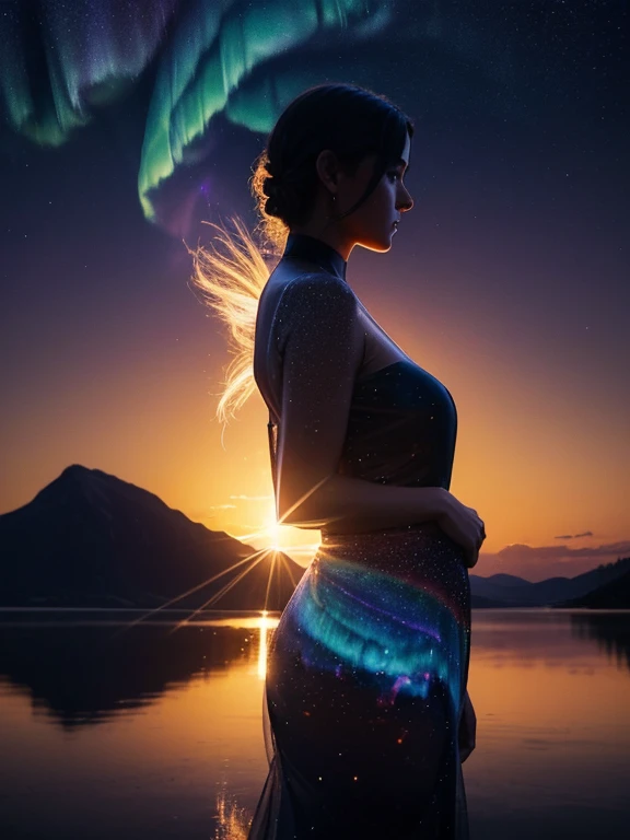 (double exposure:1.3), (The woman's body is so transparent that you can see through to the other side), shadow art, fusion art, silhouette art, masterpiece, woman´s dress reflected on transparent shadow, evening sunset, bright starry sky, light leaks, Sunset reflected on the water surface, scene of a sunset with stars and planets, Waveless lake, (Natural backlighting), floating, (Aurora), nebula, lens flare, Beautiful girl silhouette, Narrow waist