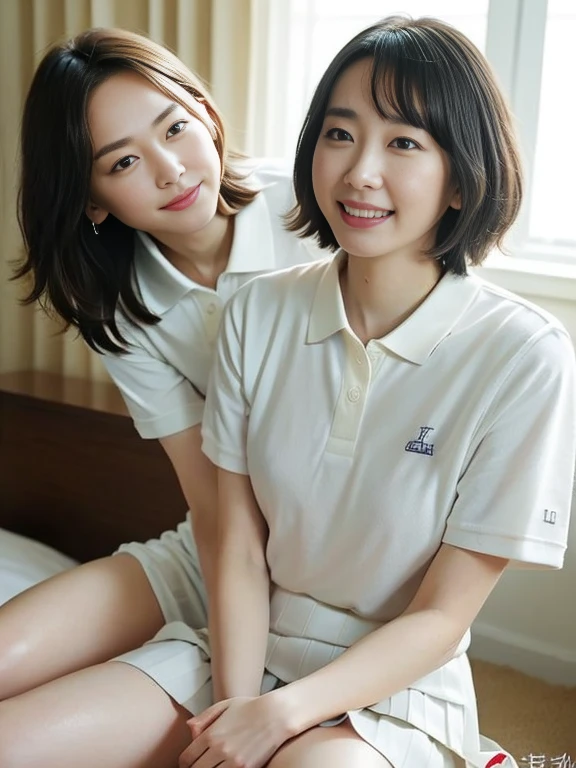(Masterpiece, Best quality:1.3), (Ultra realistic, Photo-realistic:1.2), Natural light, 28 years old actress, Japanese 2 women, Neat and clean, (White tennis uniform, White short-sleeve polo shirt with darknavy line collar:1.1), (unbutton:1.3), (White pleated skirt:1.1), white sock, (short wavy hair:1.2), (Beautiful face), Oval face, clear, Beautiful eyes, Kind eyes, Clear skin, Small face, Beautiful mouth, Small mouth, Natural makeup, Approachable, (nsfw:1.1), Seductive smile, (Seductive pose:1.2), (Beautiful thighs:1.1), (Bedroom eyes:1.1), Embarrassed, Blush, Luxury hotel Suite room, On bed, Hidden camera installed in suite room captures obscene reality of girls high school, (lesbian couple , petting together:1.1), grabbing crotch, erotic hag,