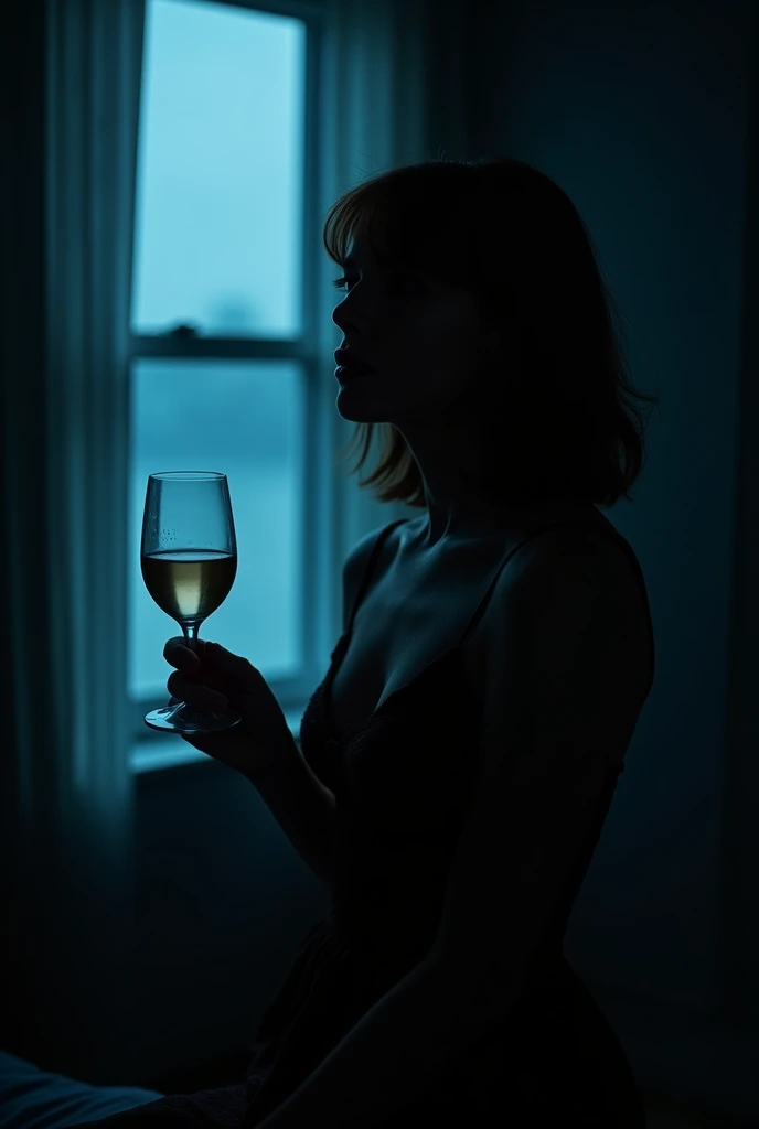 Album cover Song title: Fade Main Color: black-blue Including song name vs rap name : LTPU - TSon has a window open, light shines on girl holding wine glass part 1:1