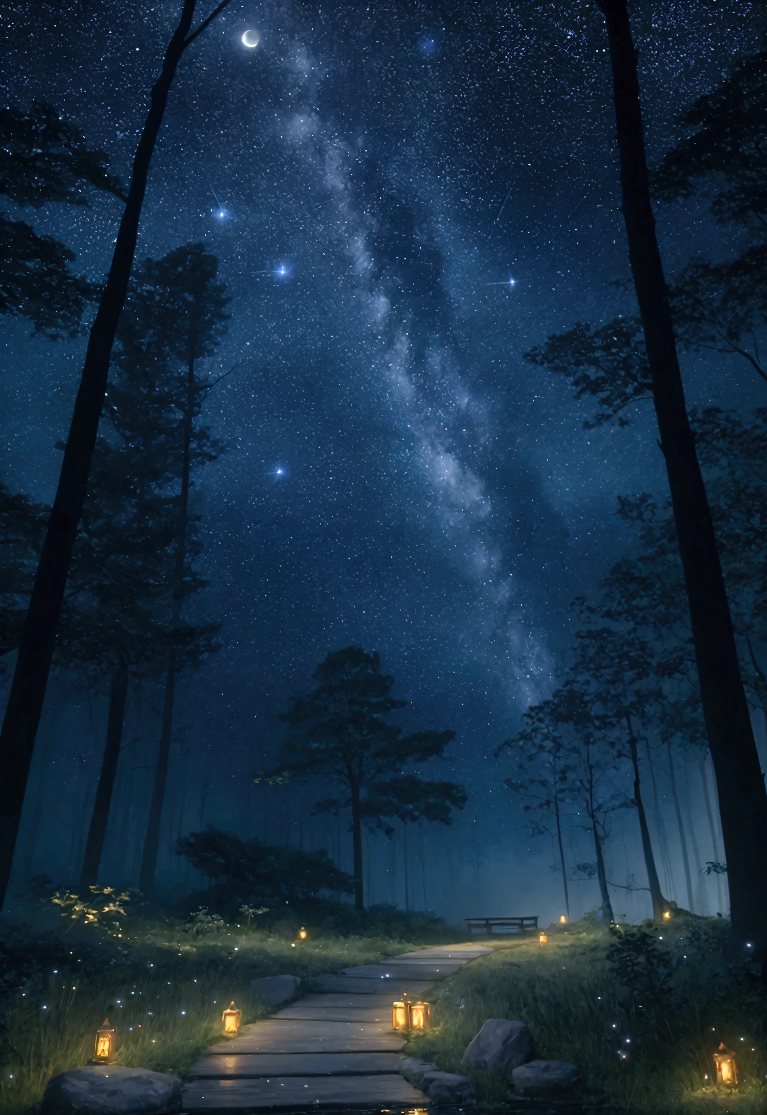 a serene night landscape, starry sky, full moon, tranquil forest, glowing fireflies, mystical atmosphere, ethereal ambience, cinematic lighting, hyper-detailed, photorealistic, award-winning composition, serene, calming, peaceful, dreamlike, mesmerizing, stunning, beautiful, magical