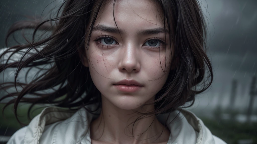 Cinematic, close-up of a person's face in the middle of a violent storm, raindrops on their skin, hair whipping in the wind, yet their gaze is unwavering, calm and resolute, contrast between the turbulent environment and the inner peace,