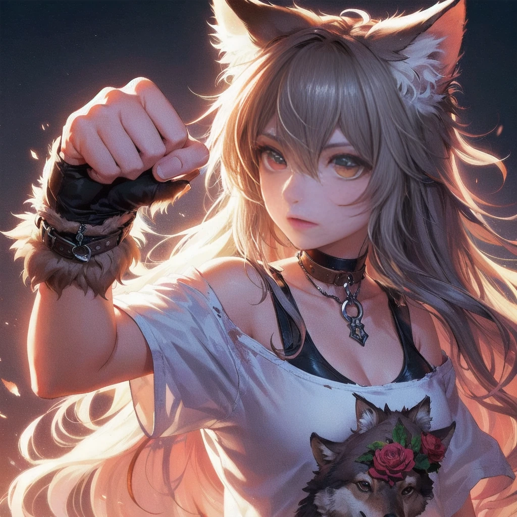 A fantasy Wasteland battles hand-in-hand through a wasteland full of pitfalls. The camera zooms in on the girl, capturing her determination. The cool girl, with wolf ears,wolf tail,  wears thin leather armor and dark cloak. As the zoom progresses, the focus shifts to her hands, highlighting the worn and weathered textures that symbolize her journey and the hardships she has endured. This message is realized in a mixed-media sculptural style, combining elements of metalwork and textile art to represent the characters and their resilience in three-dimensional form.