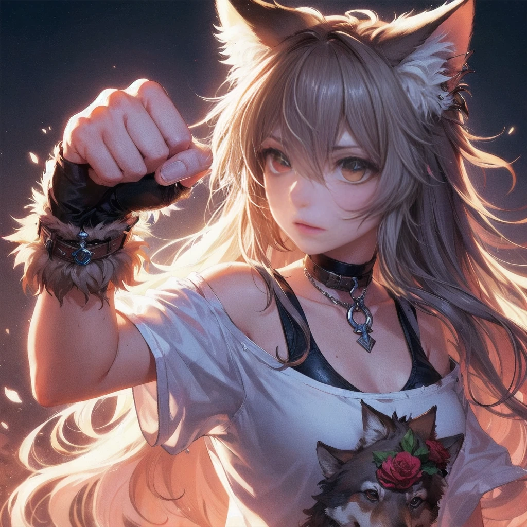 A fantasy Wasteland battles hand-in-hand through a wasteland full of pitfalls. The camera zooms in on the girl, capturing her determination. The cool girl, with wolf ears,wolf tail, wears thin leather armor and dark cloak. As the zoom progresses, the focus shifts to her hands, highlighting the worn and weathered textures that symbolize her journey and the hardships she has endured. This message is realized in a mixed-media sculptural style, combining elements of metalwork and textile art to represent the characters and their resilience in three-dimensional form.