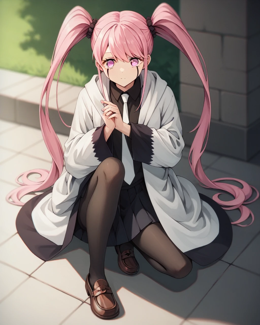 score_9, score_8_superior, score_7_superior,
 I love cute,One person, alone, Pink Hair, Twin tails, Long Hair, Pink Eyes, skirt,Black Pantyhose,White tie, Sleeves are longer than your fingers, loafers, Robe, Sleeves are longer than the wrist, ベッドのsuperior