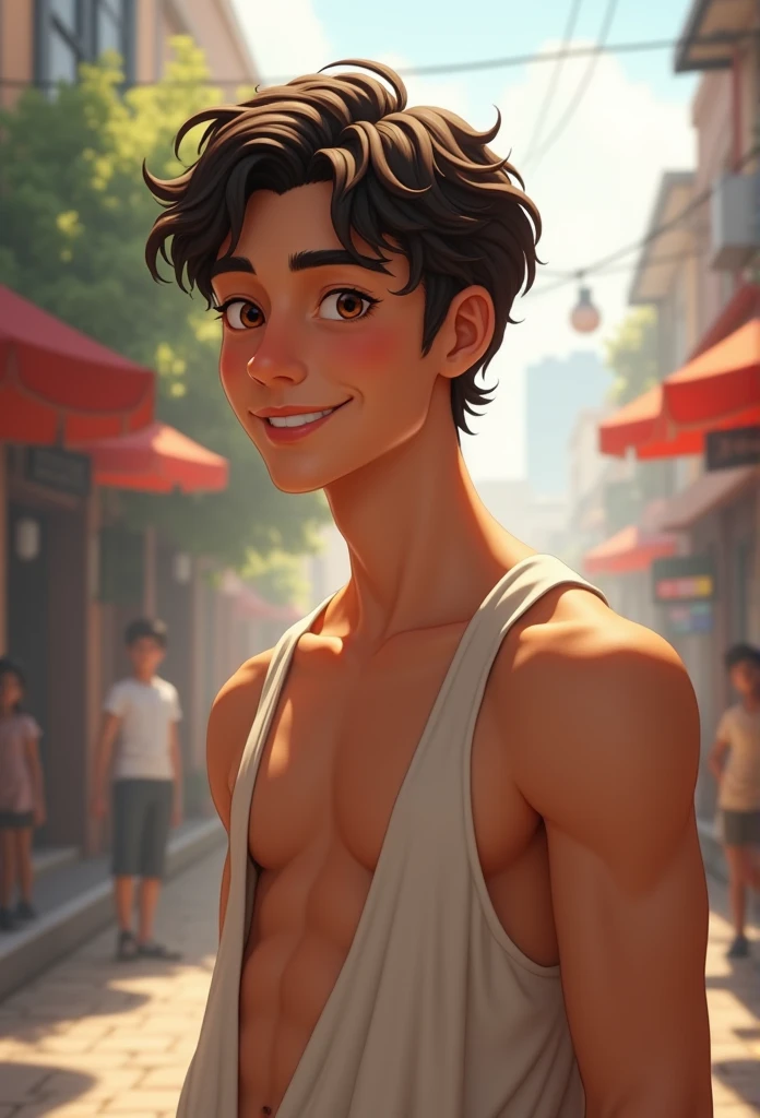 ((best quality, 8k, masterpiece :1.3)), 1 Typ, smiling, Full body, slim face, nice guy, (dark brown hair), chemise :1.1, Ultra Detailed Face, detailled eyes, Double eyelidd, Blur background, slim face, Stadt, outside, Street,