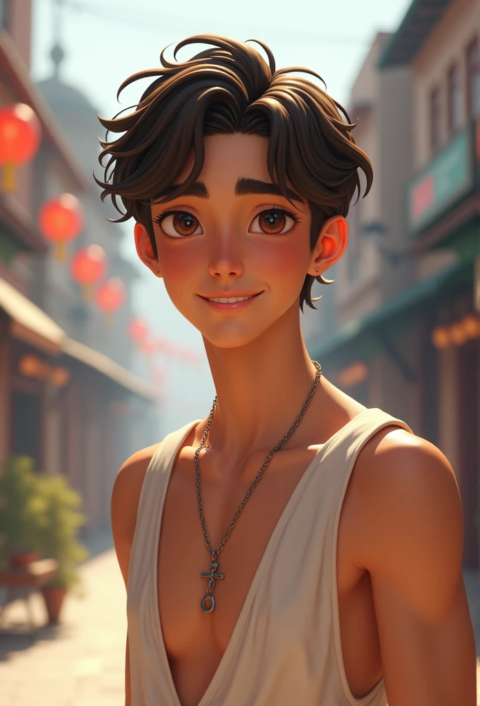 ((best quality, 8k, masterpiece :1.3)), 1 Typ, smiling, Full body, slim face, nice guy, (dark brown hair), chemise :1.1, Ultra Detailed Face, detailled eyes, Double eyelidd, Blur background, slim face, Stadt, outside, Street,