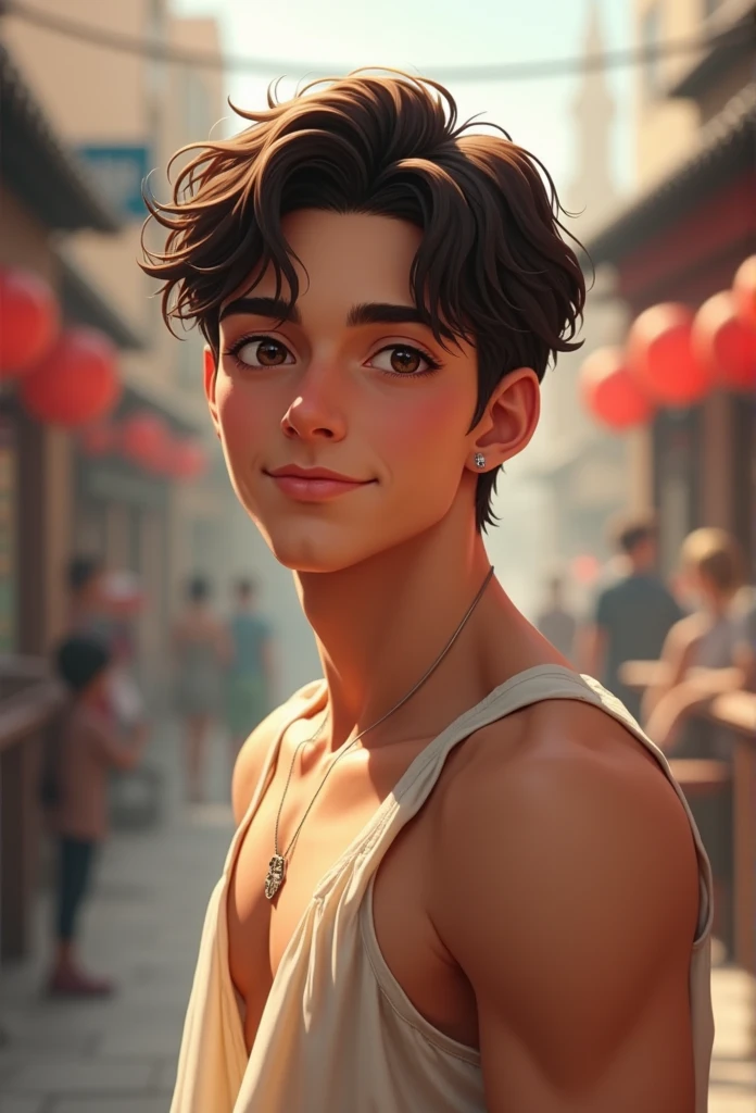 ((best quality, 8k, masterpiece :1.3)), 1 Typ, smiling, Full body, slim face, nice guy, (dark brown hair), chemise :1.1, Ultra Detailed Face, detailled eyes, Double eyelidd, Blur background, slim face, Stadt, outside, Street,