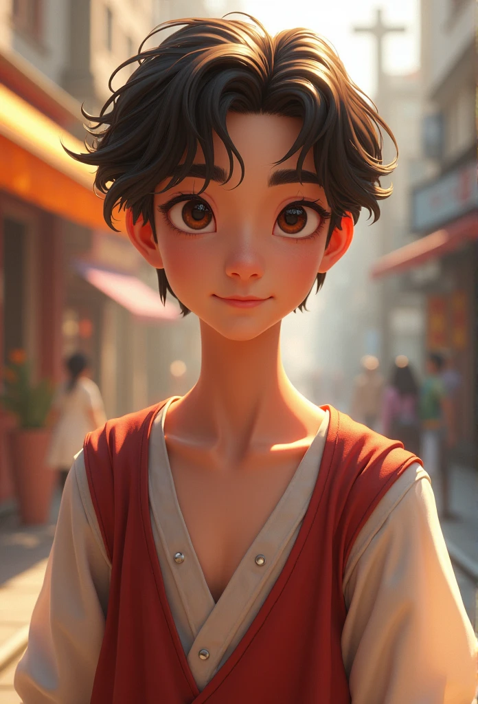 ((best quality, 8k, masterpiece :1.3)), 1 Typ, smiling, Full body, slim face, nice guy, (dark brown hair), chemise :1.1, Ultra Detailed Face, detailled eyes, Double eyelidd, Blur background, slim face, Stadt, outside, Street,