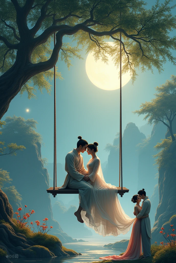 Two women and a man in ancient Chinese costumes are sitting on a swing under a big tree, embracing each other in love.One woman and one man embrace under the moonlight.One couple.