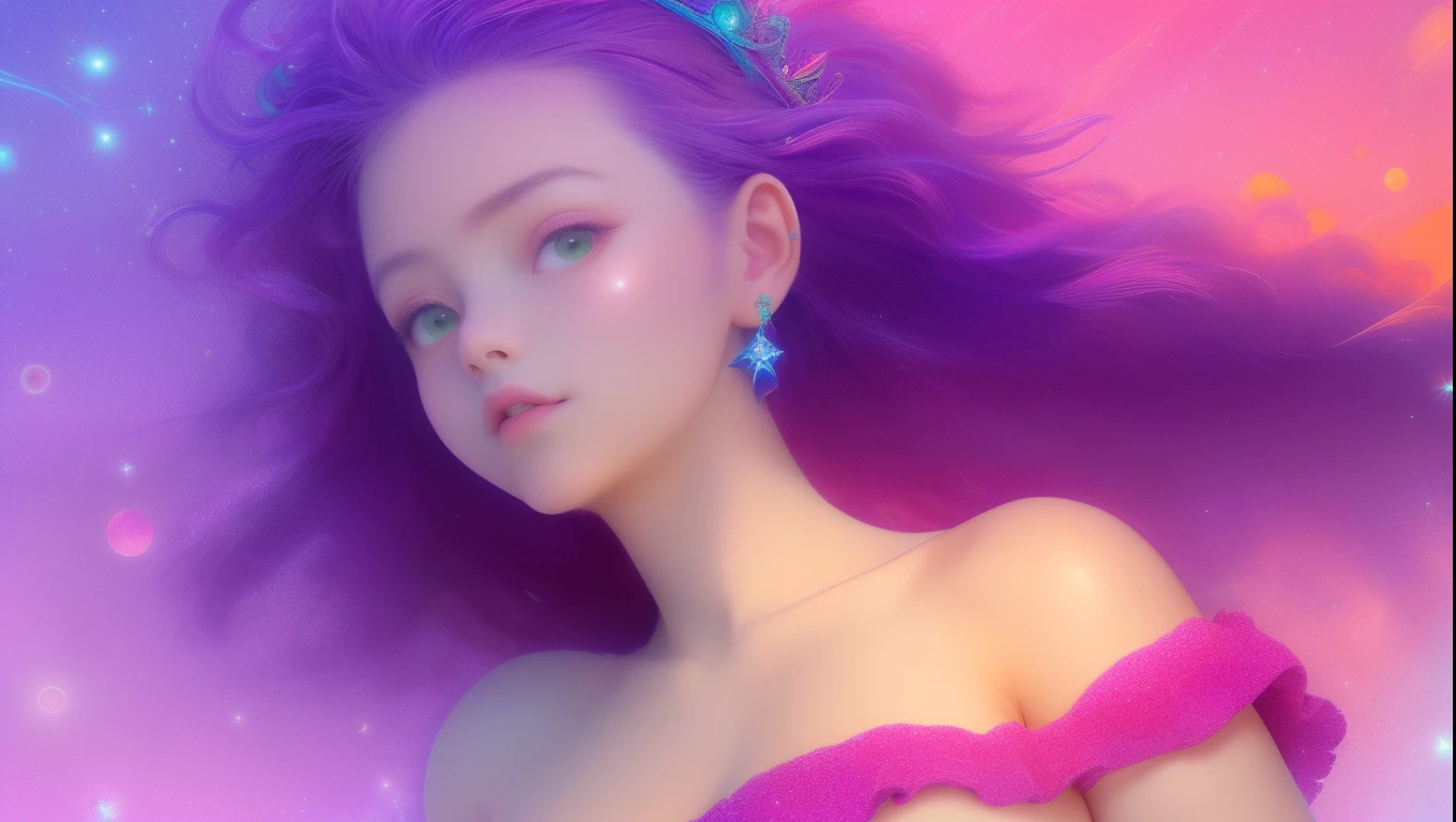 (best quality, ultra-detailed, photorealistic: 1.39), bright and vibrant colors, studio lighting, Red moon, sky shooting stars, soft azure clouds, sparkling, sparkling neon green ocean waves, purple roses in the purple ocean, fantasy, diamond, crown, universe, soft lights, sparkling eyes, cute biquini, within the vast purple ocean, roses city, hair purple, florest of girl