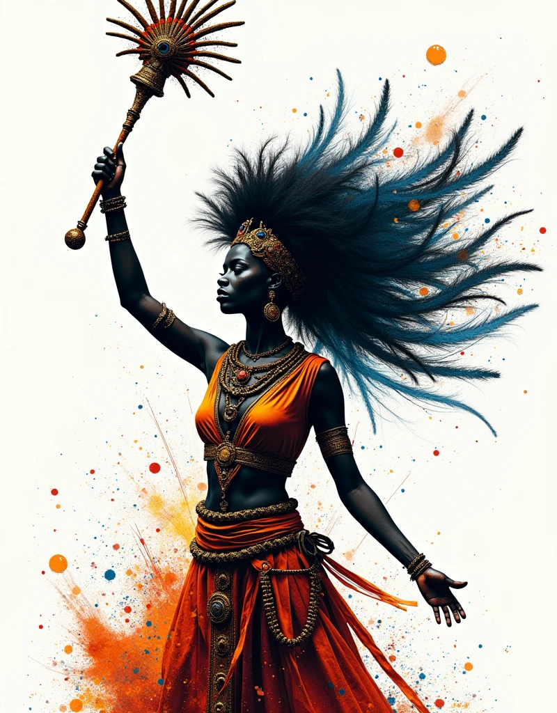 Create colorful Bansky-style art for poetry:
IANSÃ commands the winds And the strength of the elements At the tip of her florin She is beautiful When the sky rushes Always the beginning and the end Black skin White background