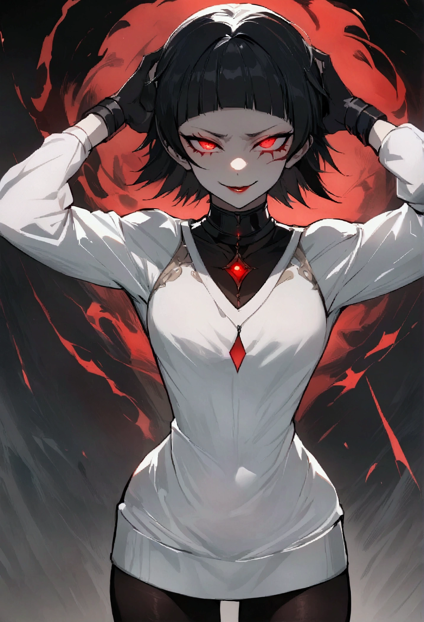 standing,alone,short hair,work of art,face detailed,young fitness linda,Wearing black pantyhose,tight white sweater ,neckleace,evil smile,red eyes glowing,labiaa,eye shadow,bangs on the eyes,Hands behind the head city