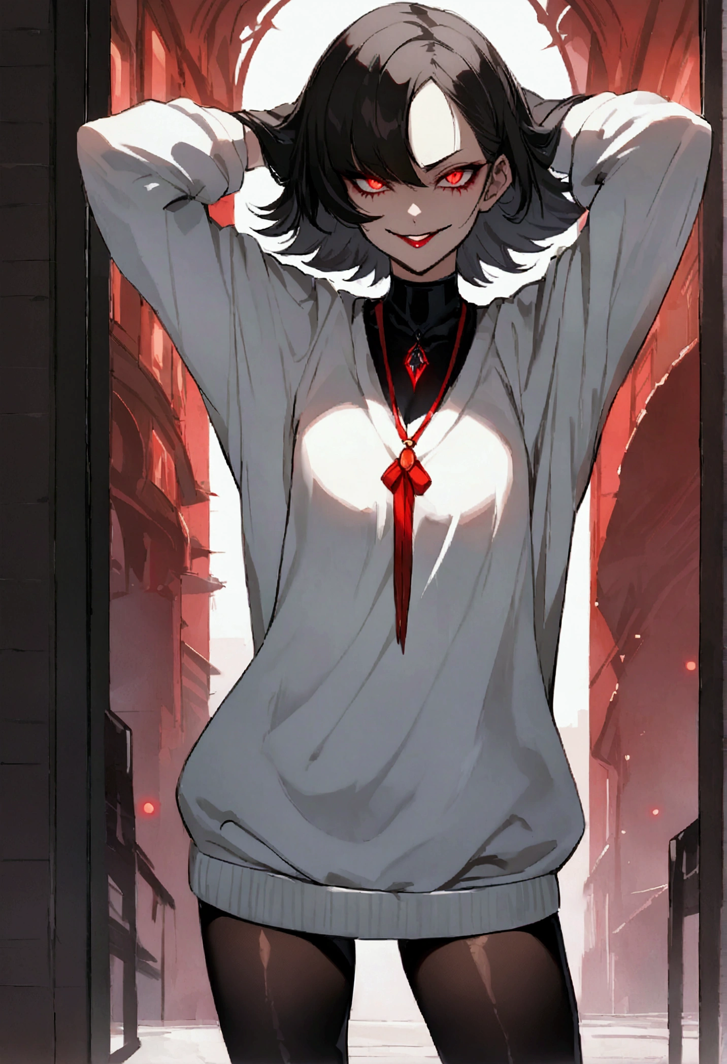 standing,alone,short hair,work of art,face detailed,young fitness linda,Wearing black pantyhose,tight white sweater ,neckleace,evil smile,red eyes glowing,labiaa,eye shadow,bangs on the eyes,Hands behind the head city