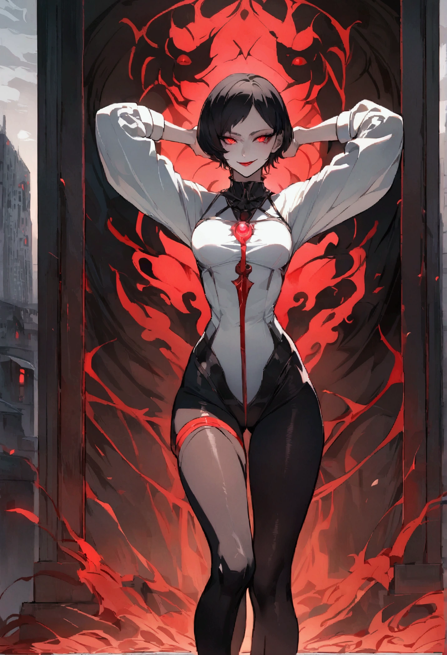 standing,alone,short hair,work of art,face detailed,young fitness linda,Wearing black pantyhose,tight white sweater ,neckleace,evil smile,red eyes glowing,labiaa,eye shadow,bangs on the eyes,Hands behind the head city
