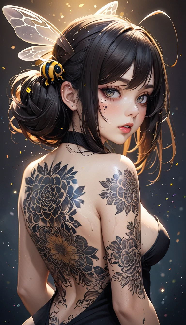 looking back, wearing cute honeybees cosplay, (ultra detailed, absolutely resolution, best quality:1.3), beautiful woman, amorous and lewd face, big droopy eyes, huge mouth, make-up, messy half-up hair, ahoge, covered in tattoos, superlative body proportion, background dark, shading effects, gradation magic effects, foggy filter effects, glitter effects, 2.5D, delicate and dynamic, artistic photography, hyper realistic, graphic CG digital art