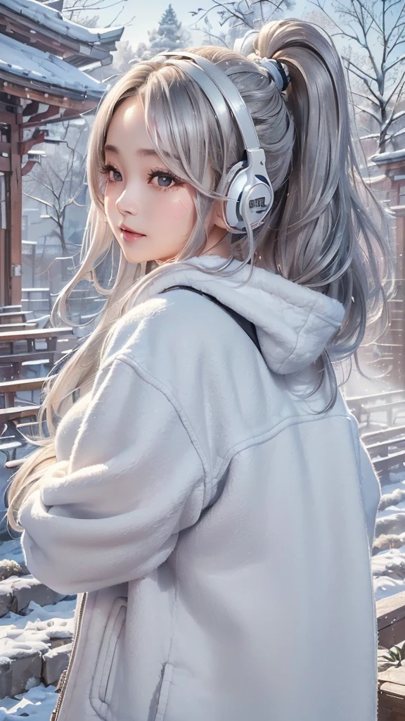 ((cute girl, face, style of painting)).(Upper body portrait:1.5)((masterpiece:1.5))((alone、Huge headphones:1.5、A woman wearing a large duffle coat、Shorts、コートでShortsが隠れる、Put your hands in your pockets、Detailed face、Big Eyes、Bright expression、Big beautiful breasts、Best Looks、Ultimate beauty、Shiny silver hair with highlights、明るい and shiny hair,、Modern Hairstyles、Hair dancing in the wind))(morning、Countryside Winter、Abandoned station platform)Please look away from here、Beautiful profile