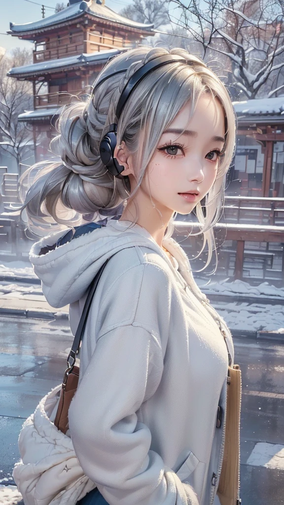 ((cute girl, face, style of painting)).(Upper body portrait:1.5)((masterpiece:1.5))((alone、Huge headphones:1.5、A woman wearing a large duffle coat、Shorts、コートでShortsが隠れる、Put your hands in your pockets、Detailed face、Big Eyes、Bright expression、Big beautiful breasts、Best Looks、Ultimate beauty、Shiny silver hair with highlights、明るい and shiny hair,、Modern Hairstyles、Hair dancing in the wind))(morning、Countryside Winter、Abandoned station platform)Please look away from here、Beautiful profile
