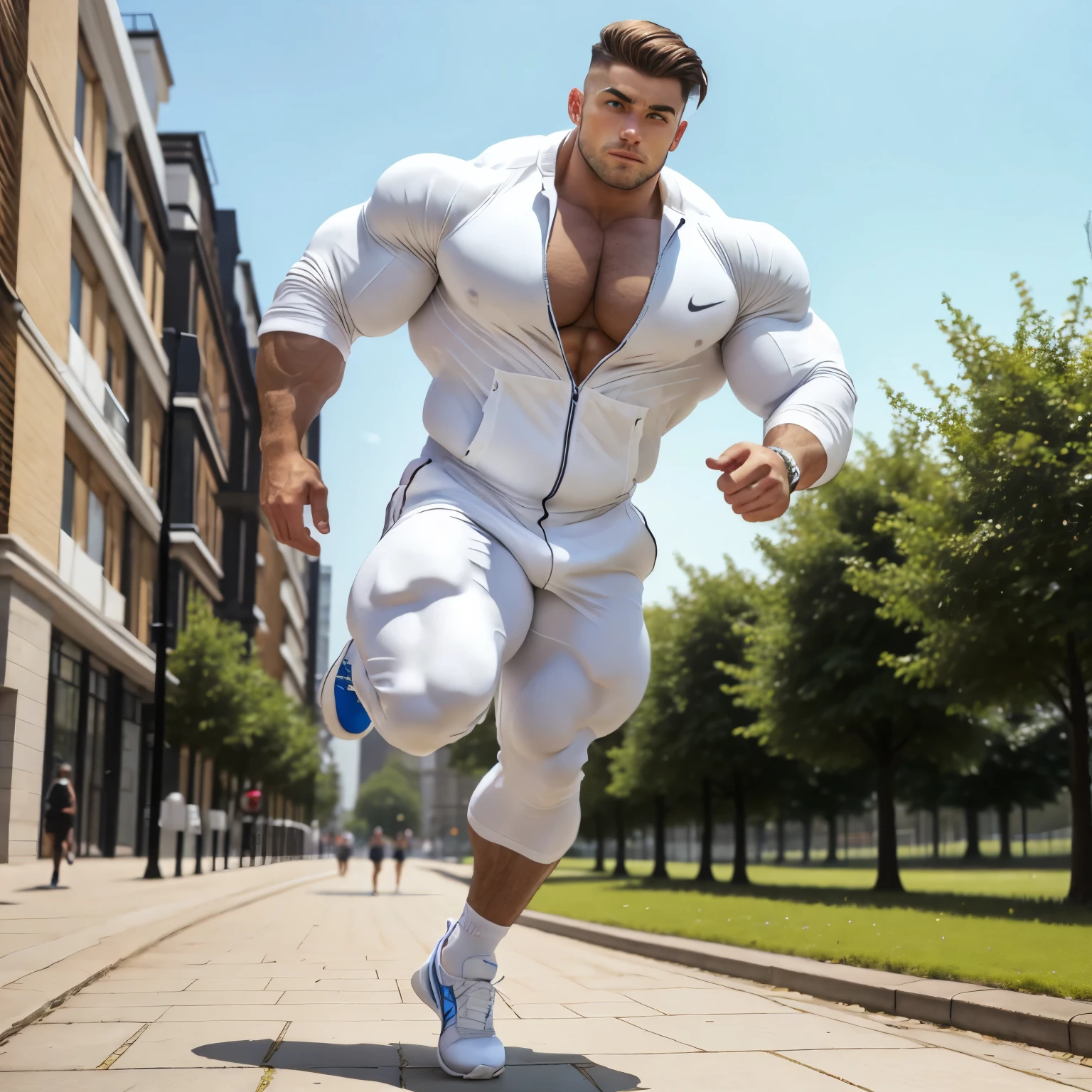 full view full body, Massive young white over-muscular over-inflated and over-bloated bodybuilder male Toby Richards with light-brown undercut haircut, running alone in Regent Park, London, in white Nike air max trainers and white socks, white lycra short jumpsuit