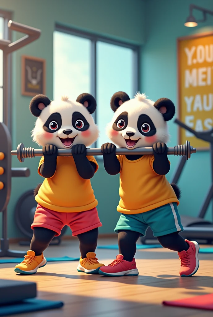 A couple of panda playing at the gym with sport wear