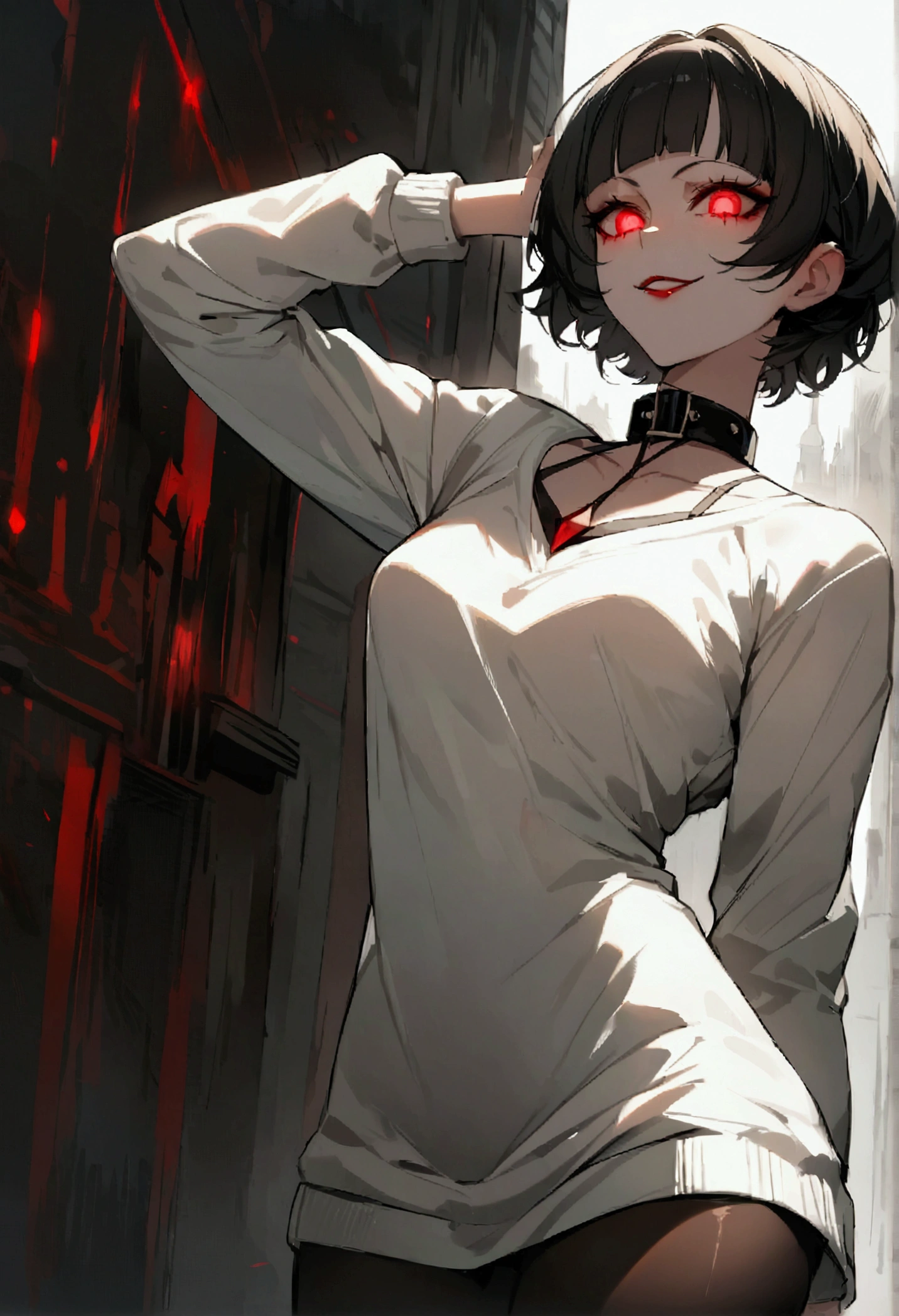 standing,alone,short hair,work of art,face detailed,young fitness linda,Wearing black pantyhose,tight white sweater with collar ,neckleace,evil smile,red eyes glowing,labiaa,eye shadow,bangs on the eyes,Hands behind the head city
