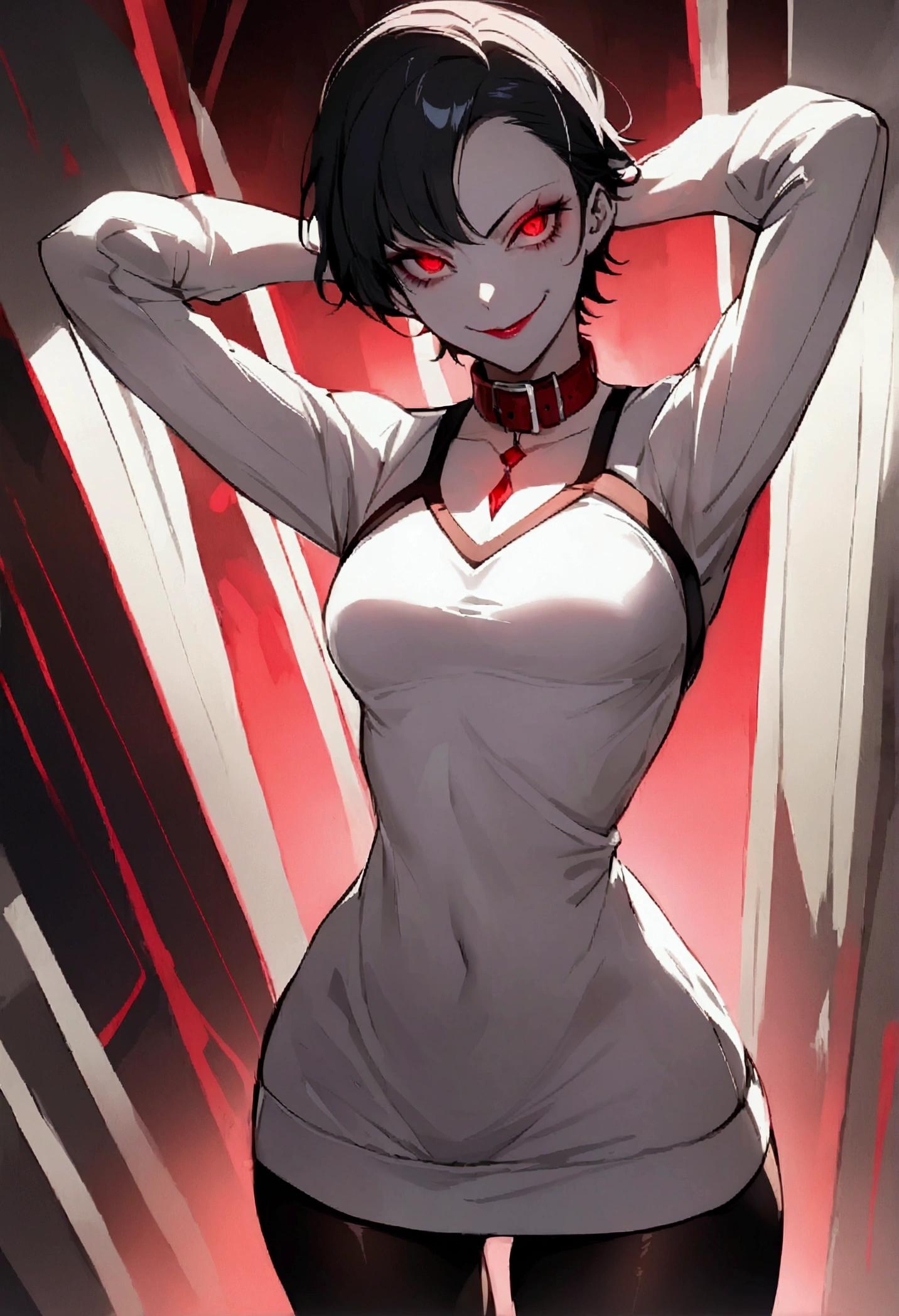 standing,alone,short hair,work of art,face detailed,young fitness linda,Wearing black pantyhose,??????????? sweater with collar ,neckleace,evil smile,red eyes glowing,labiaa,eye shadow,bangs on the eyes,Hands behind the head city