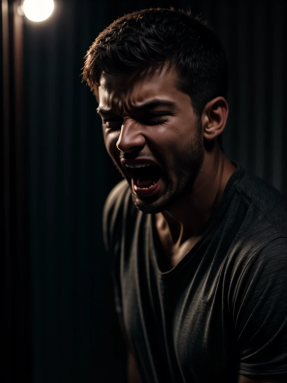 man screaming with despair and pleasure wearing casual clothes. Your face is illuminated by soft, intimate lighting, revealing an expression of satisfaction and happiness. 4K resolution captures every detail, delicate play of shadows and light on the skin.