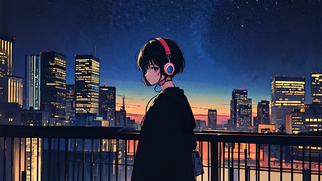 Black short hair, Black clothes, Adult woman looking to the side ,Blue headphones、 City of night, Delicate background、masterpiece、nightの街、night、dark、nostalgic、DJ Mixer