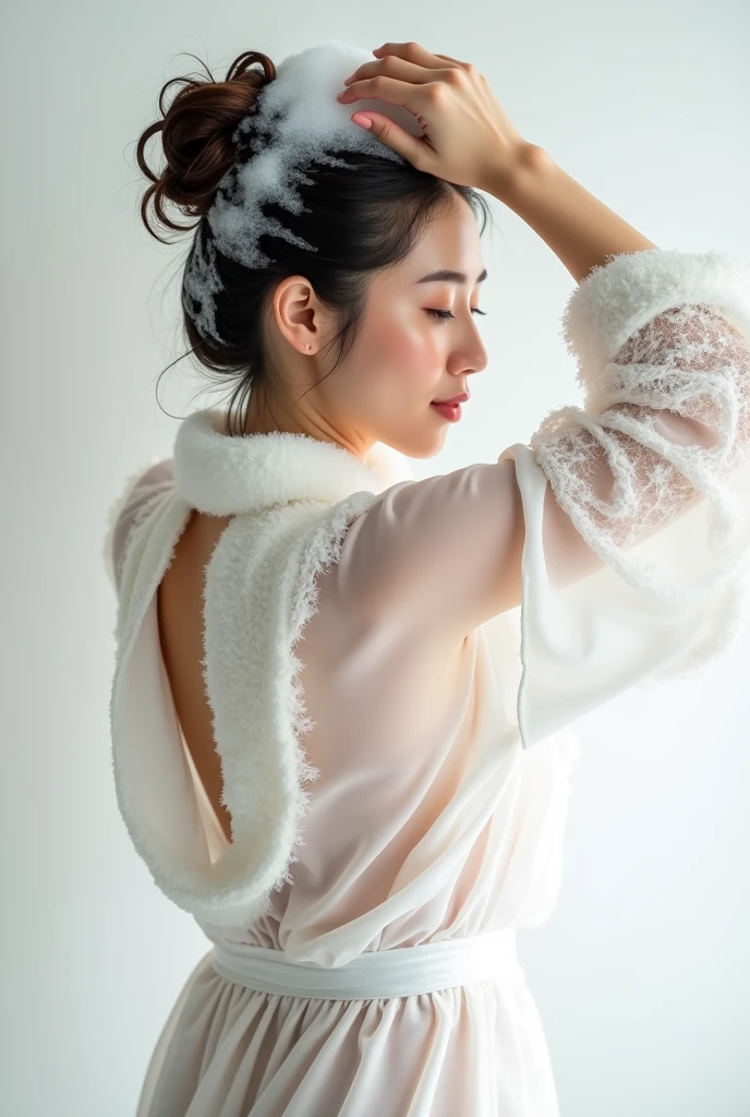 Create an Asian middle-aged beauty,Cute huge and big ass,White high collar thin lace bathrobe,Scratching the scalp with both hands,Two hands washing hair on top of head,There is a lot of foam on the head,Foam wrap head,Realistic foam,The expression is happy,The characters are realistic and realistic,Pure white background,Character front position,9:16 frames,Ultra-high-definition picture quality