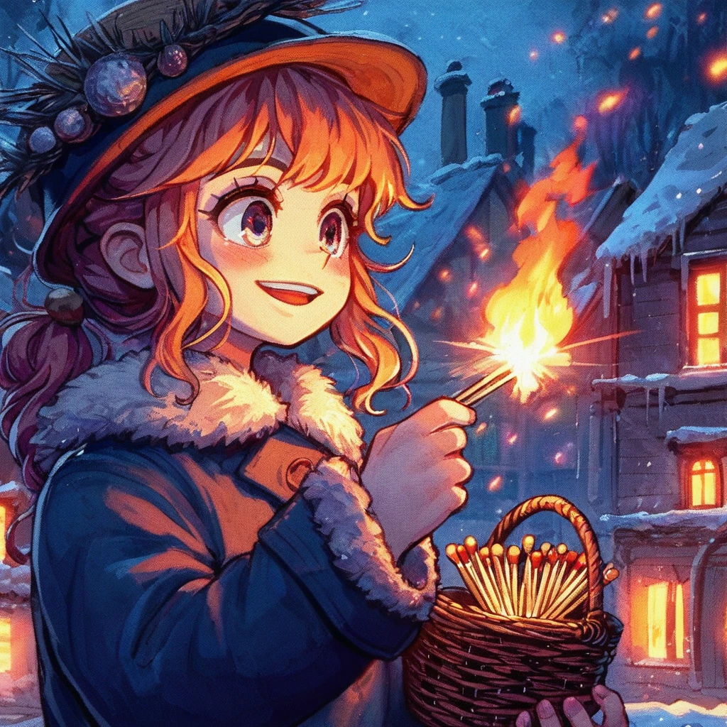 Bold brushstrokes, anime style illustration, midsummer night, crazy fun, movie lighting, 19th century, European winter night, burning house, the little match girl watching, she lights a match with a satisfied smile, she is wearing a coat and holding a basket of matchboxes in her arms.