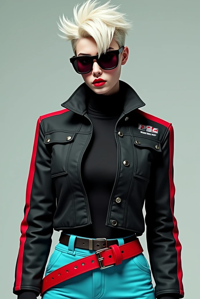 body hair: offwhite, curto e espetado, with a modern cut. Parted to the left side Slightly long And short On the right side Eyes: They are not visible due to sunglasses.
Skinned: Skin tone is not clearly defined, but it seems to be clear.
badass clothing:
jaket: Fitted to the body Predominantly black, com detalhes Um lista em vermelho no braço direito da jaket que vai da gola alfonso da jaketem vermelho Um simbolo pequeno na parte de cima da manga direita e no peito no lado direito, Underneath the jacket an all black shirt With a high collar Josta Pants: cerulean.
waist belt: rot, wide and flashy.
Accessories: sunglasses. pse box