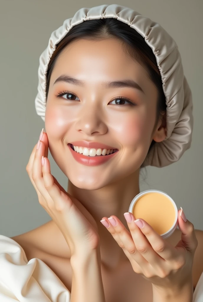 A smiling woman wearing a satin cap on her hair and holding a light banana colored loose powder as makeup in her hand