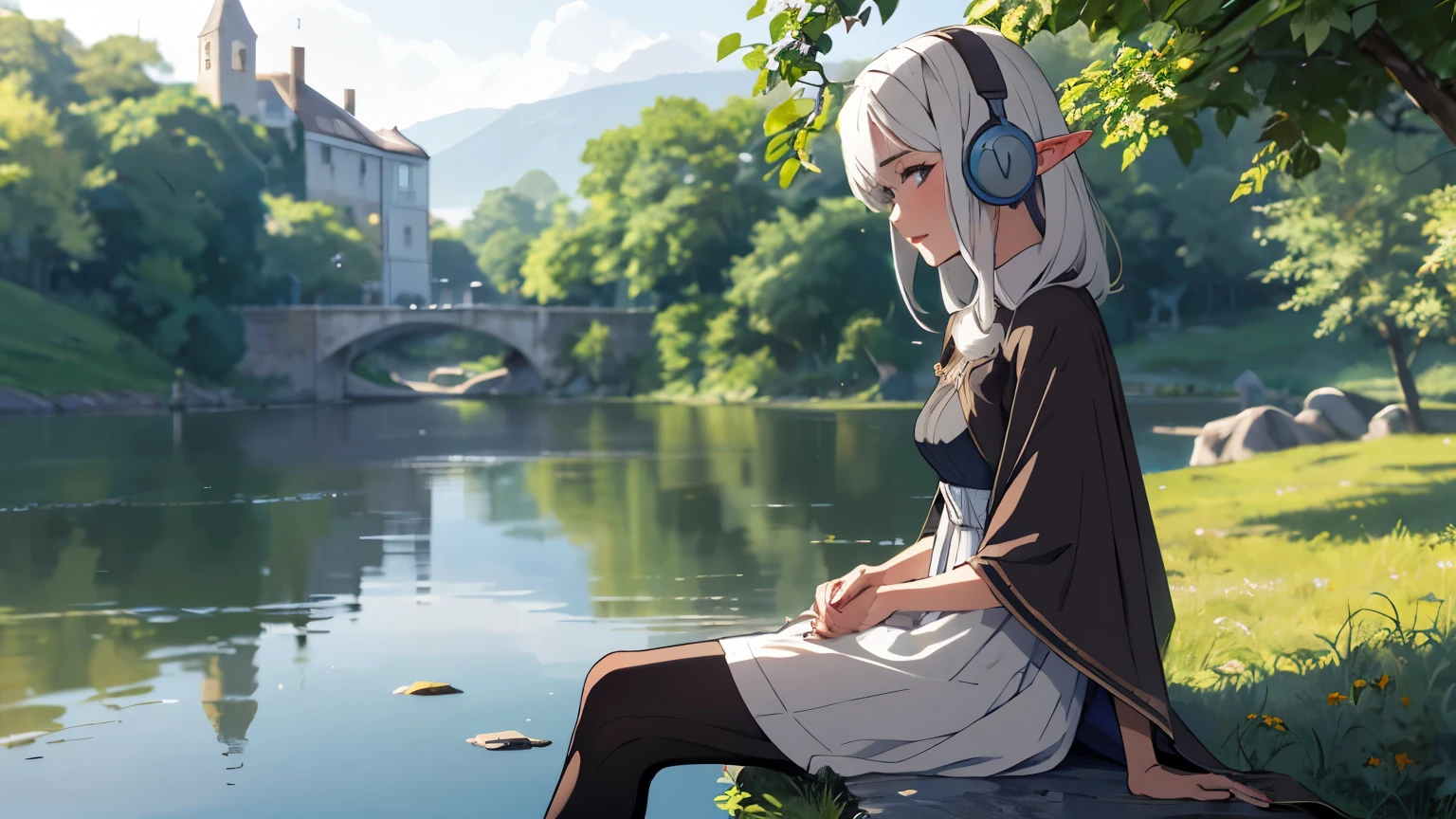 elf girl with white hair long ear, wearing headphone and wearing medieval dress sitting by the lake, sit on bridge.
