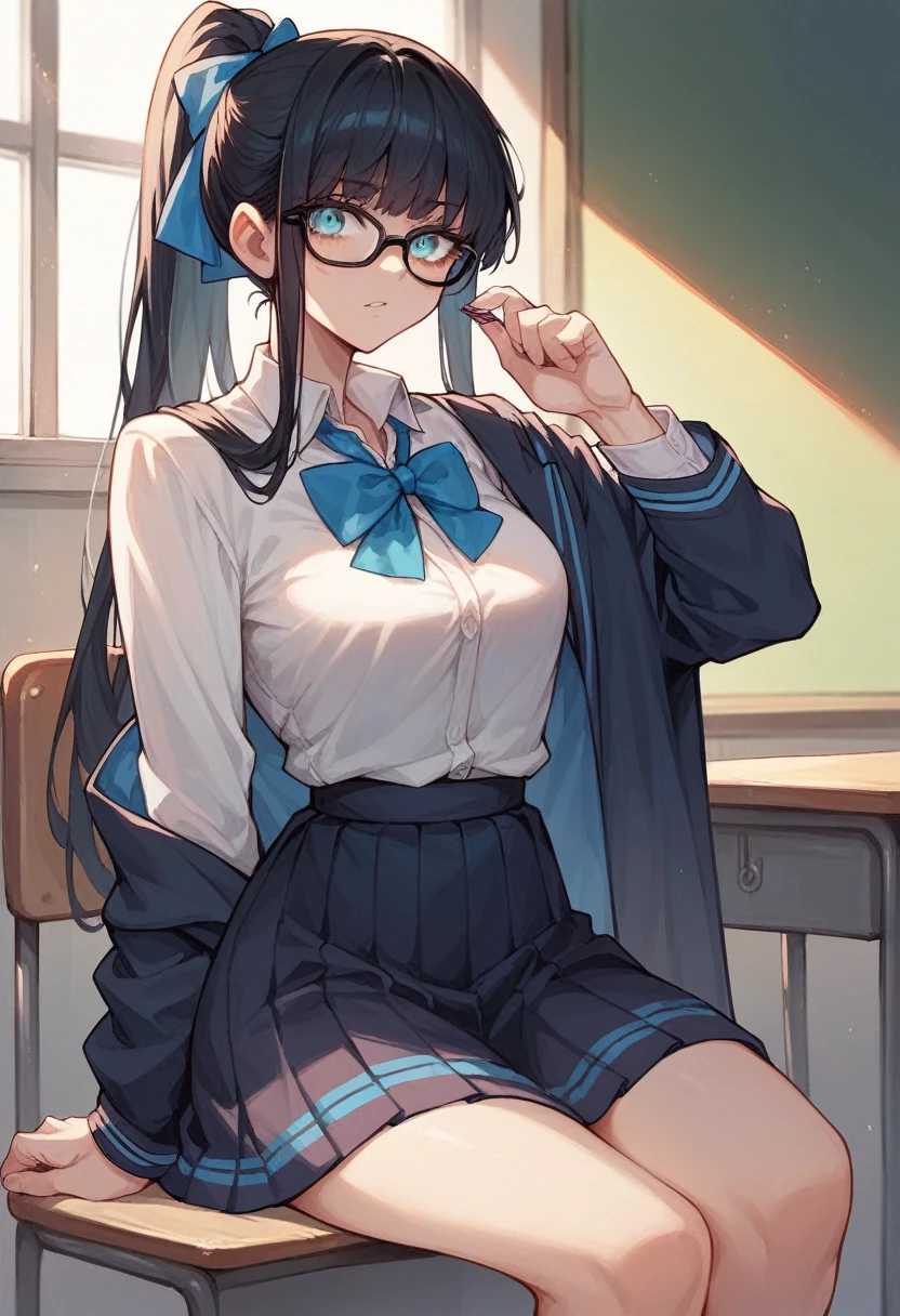 Anime girl, school girl, long black hair, ponytail, cyan eyes, black glasses, school uniform, stocking 