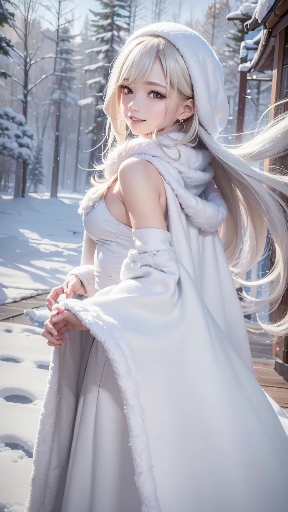 (the upper body:1.5).masterpiece、Highest quality、1 girl, winter, platinum blonde hair, Cute girl, smile, close mouse, medium breasts, sideboob:1.2, white dress, winter clothes, long skirt, Fur coat、Small waist、Thin legs、outdoors, front of the lake, snow falling, Prayer Pose, join hands, from backside:1.5, look back, face, style