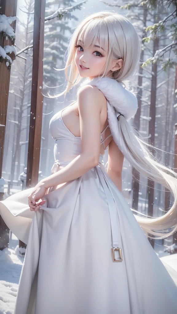 (the upper body:1.5).masterpiece、Highest quality、1 girl, winter, platinum blonde hair, Cute girl, smile, close mouse, medium breasts, sideboob:1.2, white dress, winter clothes, long skirt, Fur coat、Small waist、Thin legs、outdoors, front of the lake, snow falling, Prayer Pose, join hands, from backside:1.5, look back, face, style