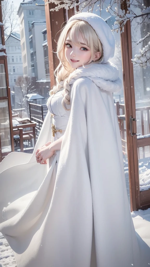 (the upper body:1.5).masterpiece、Highest quality、1 girl, winter, platinum blonde hair, Cute girl, smile, close mouse, medium breasts, sideboob:1.2, white dress, winter clothes, long skirt, Fur coat、Small waist、Thin legs、outdoors, front of the lake, snow falling, Prayer Pose, join hands, from backside:1.5, look back, face, style