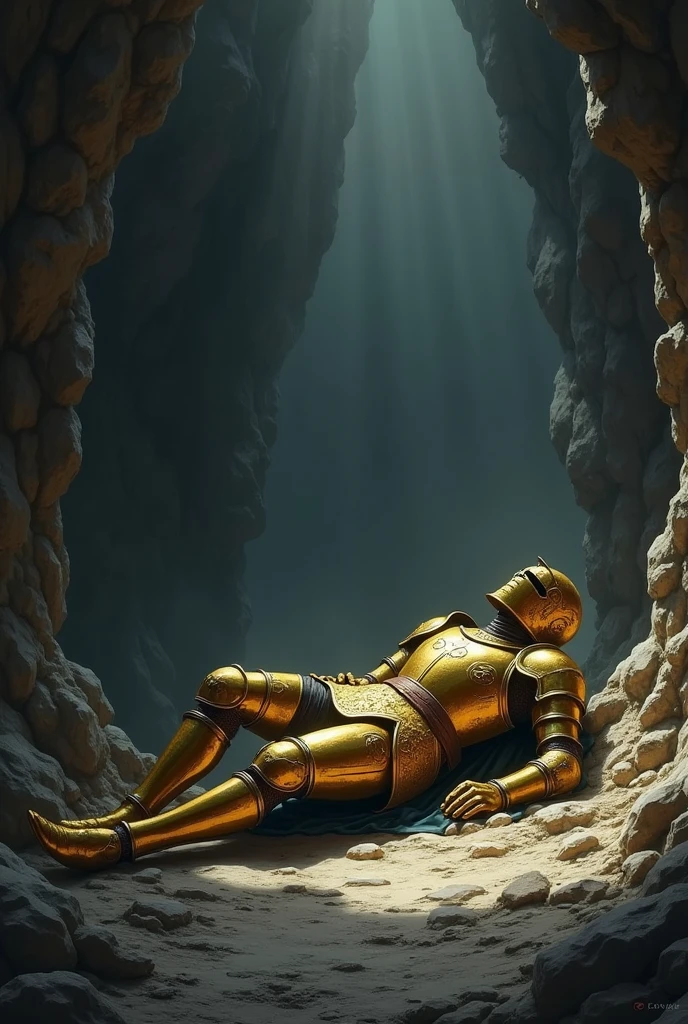 Knight in golden battle armor unconscious on the floor of a cave